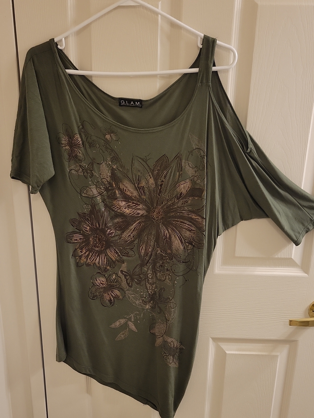 GLAM Olive Green Cold-Shoulder Floral Tunic